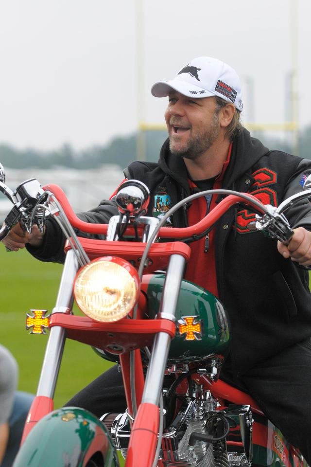 Custom-made by Orange County Choppers and painted in the red and green colours of Russell’s beloved South Sydney Rabbitohs rugby league team