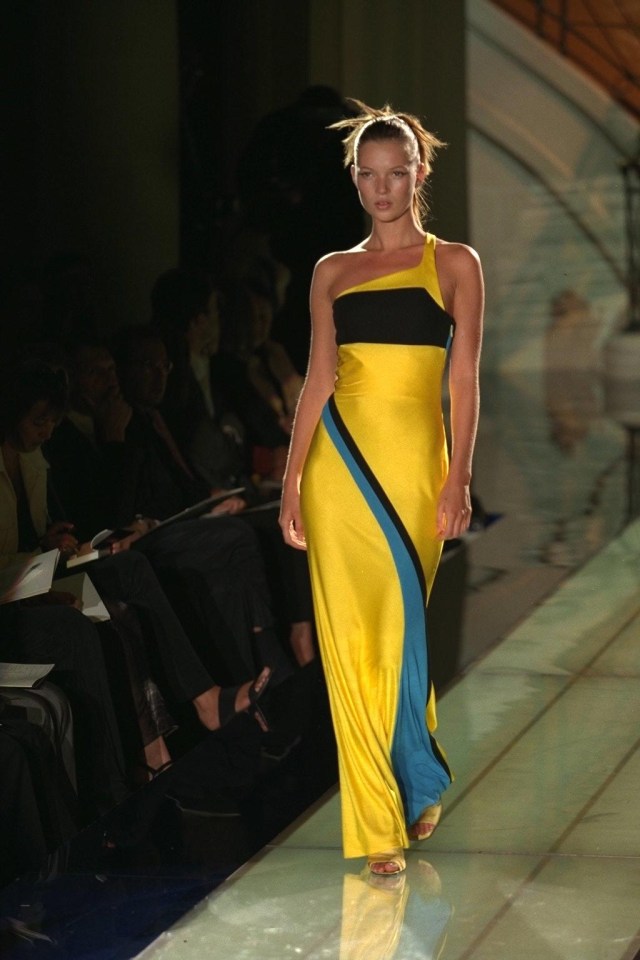 Kate modelled this striking yellow and blue asymmetric design in the 1996 autumn/winter Versace show