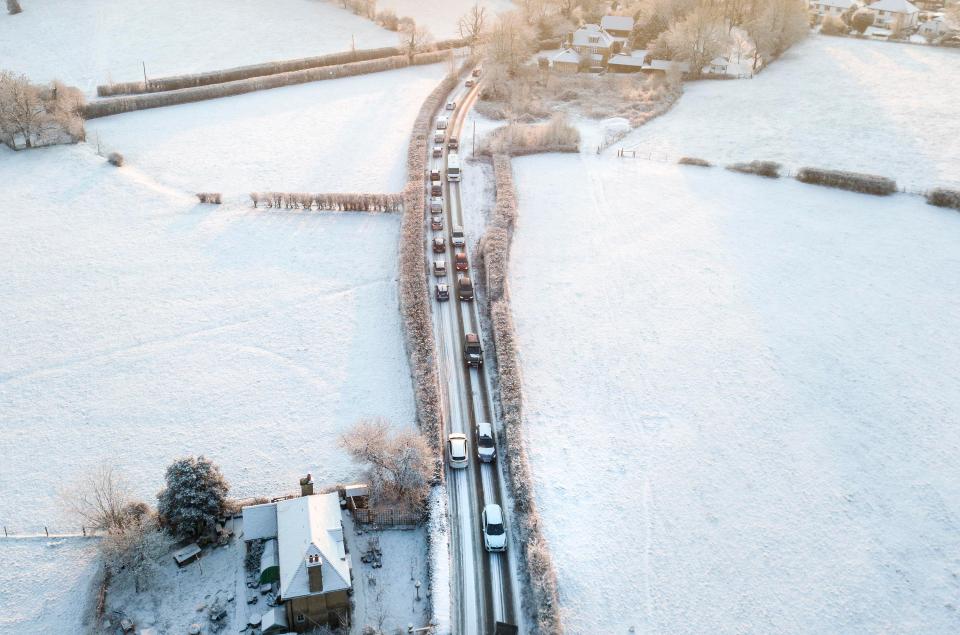  Traffic backing up on a road near Fetcham in Leatherhead following an accident on the icy surfaces