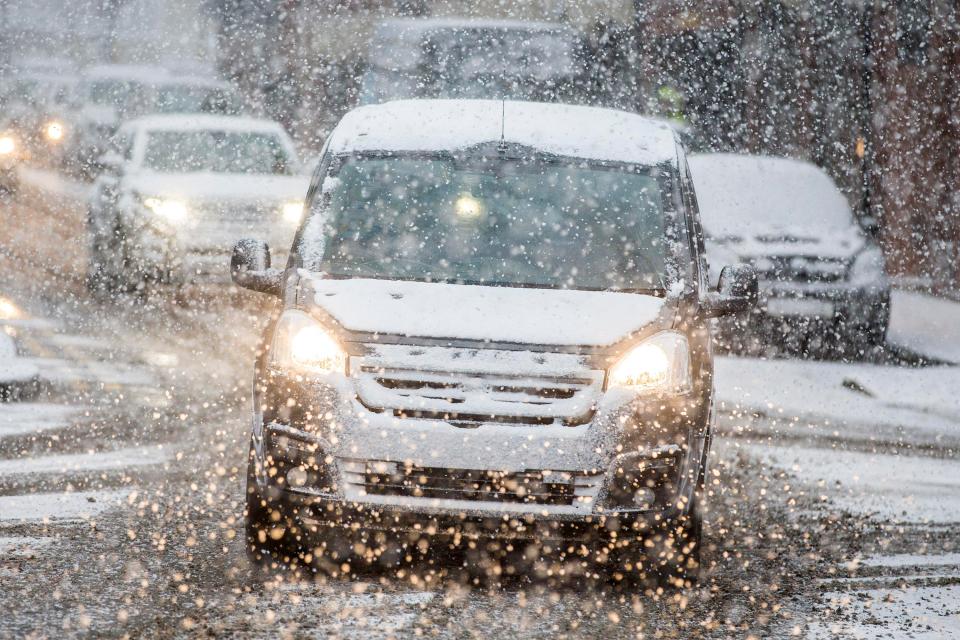  Heavy snow falls across Leeds city centre yesterday morning