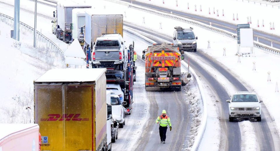  Traffic stuck on the A1(M) near Catterick, North Yorkshire, as a snow plough attempts to clear the road