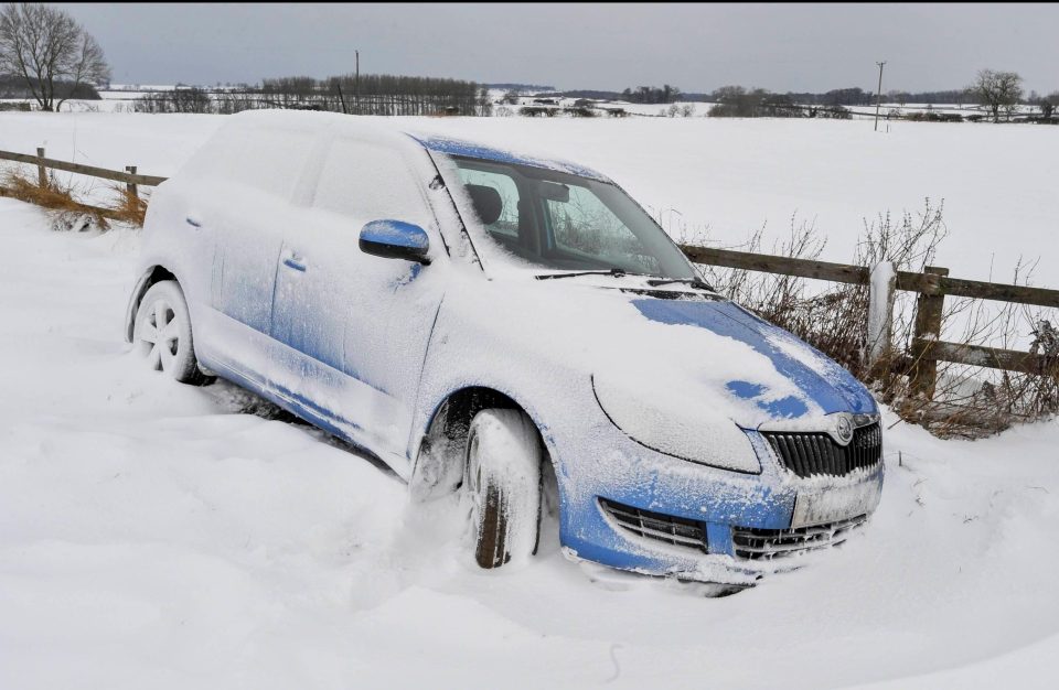  An abandoned car which has skidded off the B6275 in County Durham