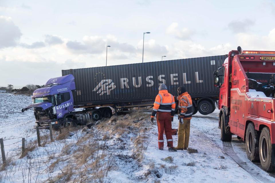  A jack knifed lorry came off the A90 Aberdeen to Dundee road at Muchalls, Aberdeenshire