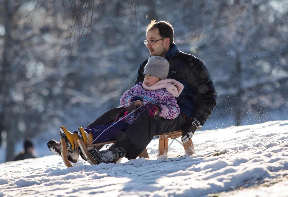  A man and child sledge down a snow-covered hill in Greenwich Park in London