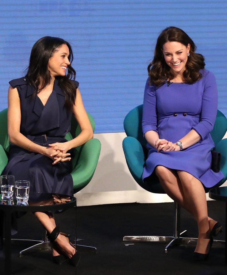  The pair shared a giggle during the engagement today, but Judi James says Meghan's arm on the chair shows 'leadership' while Kate's hand clasp shows a slight 'tell' of anxiety