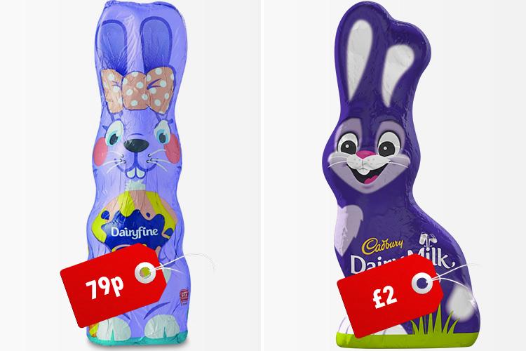 Spot the difference? Both of the chocolate bunnies weigh the same but Aldi’s costs more than half the price