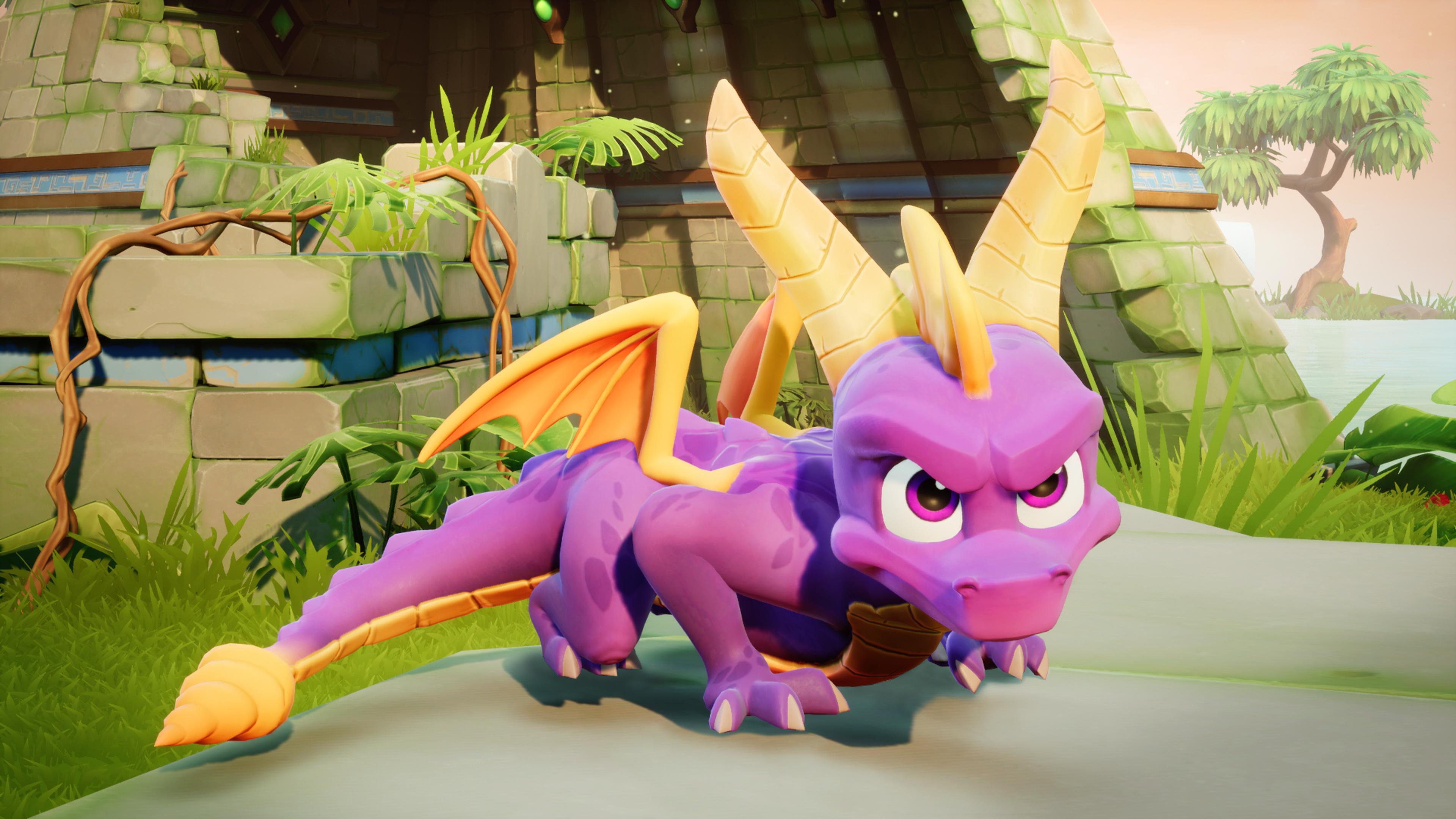 a purple dragon with yellow horns is standing in front of a building