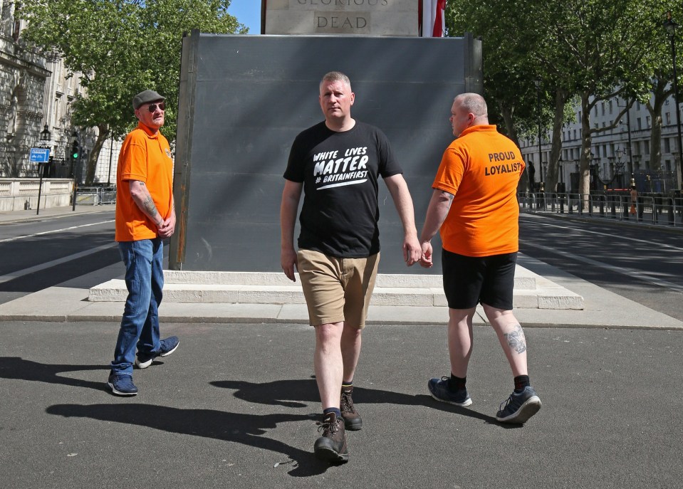  Britain First leader Paul Golding, centre, at the Cenotaph on Whitehall, London on June 13 as part of a counter demonstration to a protest held by Black Lives Matter