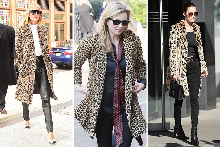 Rosie Huntingdon-Whiteley, Kate Moss and Bella Hadid in leopard print coats