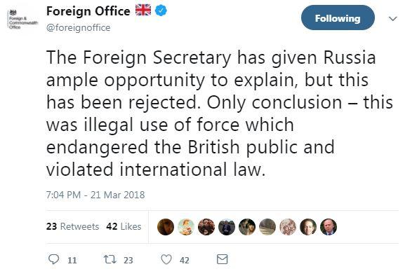  The Foreign Office firmly pinned blame for the spy poisoning on Russia in a rare public rebuke