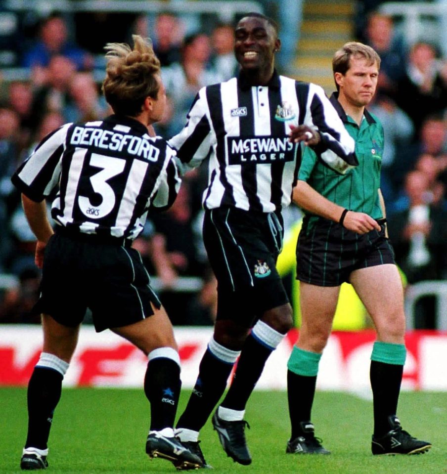  John Beresford celebrates Newcastle goal with black teammate Andy Cole