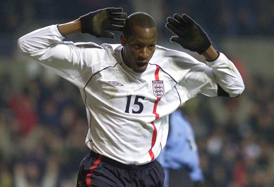  Ehiogu celebrates scoring for England in a friendly against Spain at Villa Park back in 2001