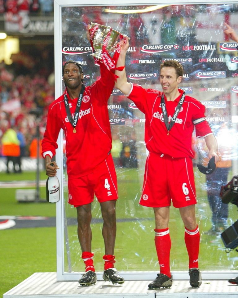  Ugo Ehiogu lifts the League Cup with current England manager Gareth Southgate for Middlesbrough in 2004