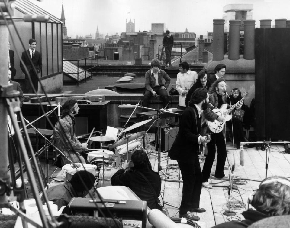 Ringo is seen during an iconic performance with his fellow Beatles on a London rooftop near the end of his career with the legendary band