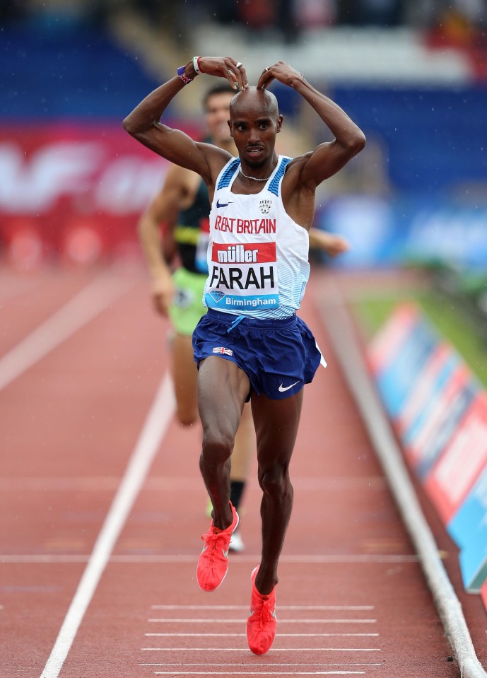 Mo Farah celebrates winning the Men’s 3000m during the Muller Grand Prix at the Alexandra Stadium in 2017