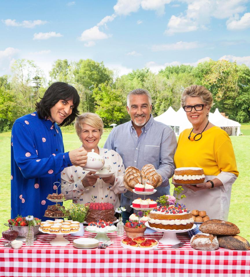  Great British Bake Off stars Noel Fielding, Sandi Toksvig, Paul Hollywood and Prue Leith