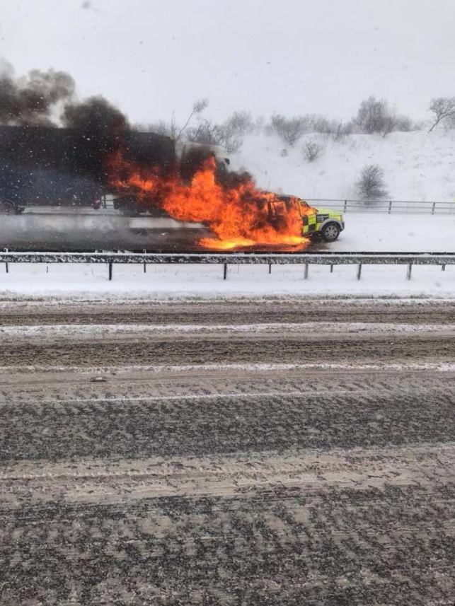  A Highways England car caught fire on the hard shoulder yesterday