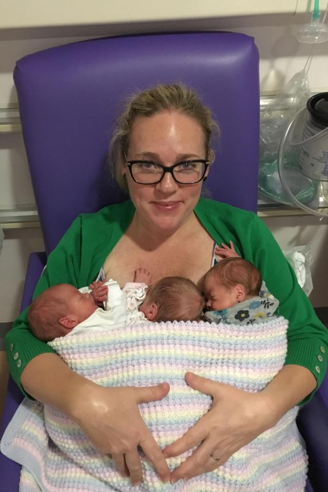  Mum, Rebecca Wooldridge, with her triplets, Amelie, Maya-Albertine and Etta after they were born