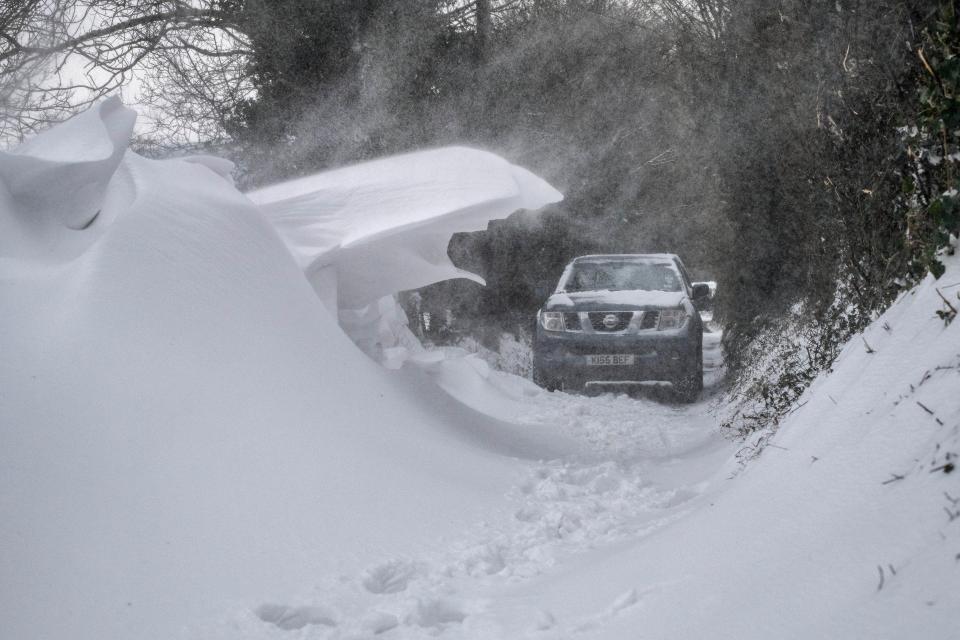  A snowdrift blocks a lane on Solsbury Hill just outside Bath