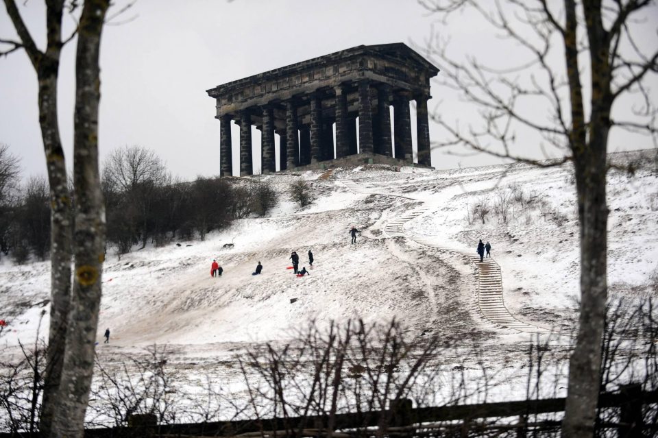  Youngsters have fun sledging under the shadow of Penshaw Monument in Sunderland today