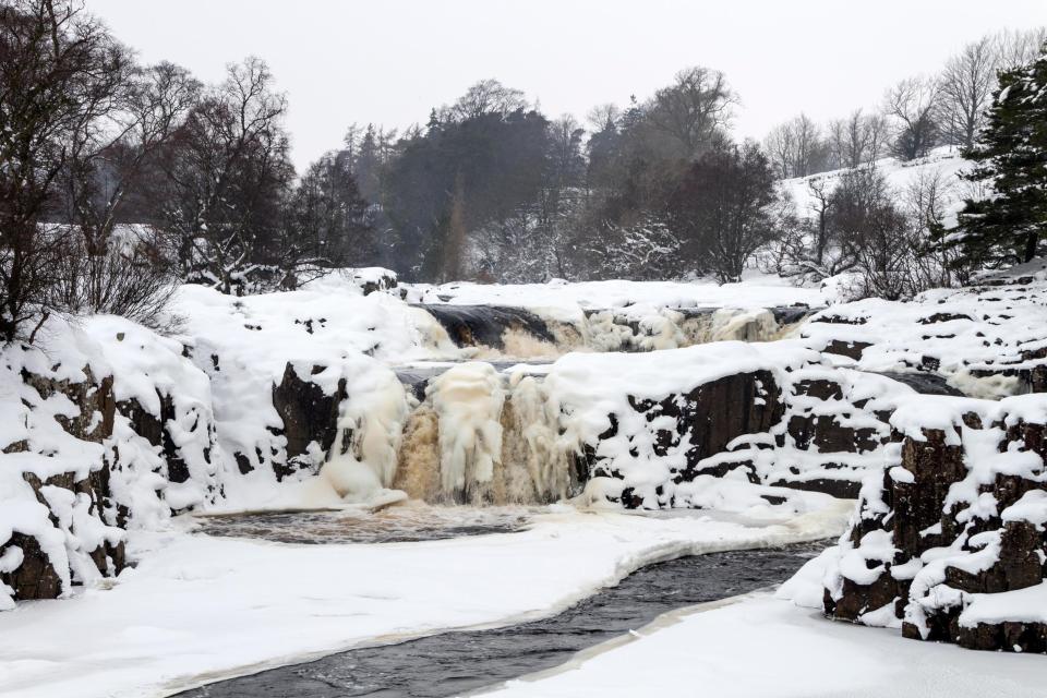 The River Tees partially freezes over as the cold weather continues in Teesdale, County Durham