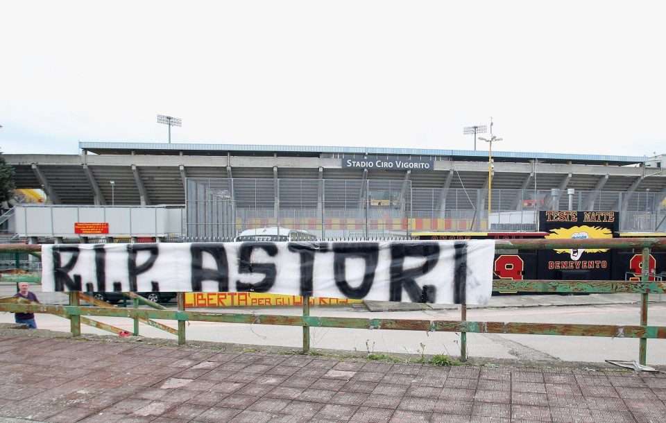 Banner paying tribute to late Fiorentina captain Davide Astori is displayed at Benevento's stadium