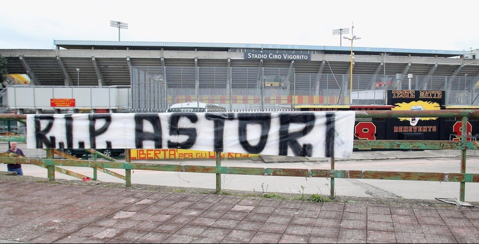 Banner paying tribute to late Fiorentina captain Davide Astori is displayed at Benevento's stadium