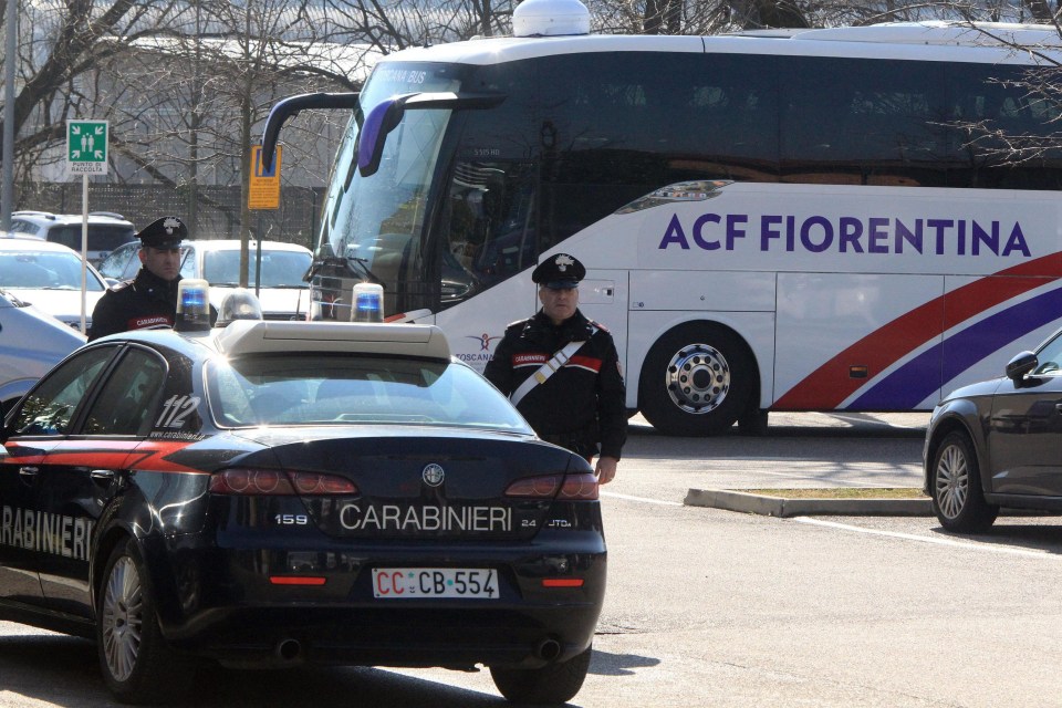 The Fiorentina team bus outside the hotel where Davide Astori died