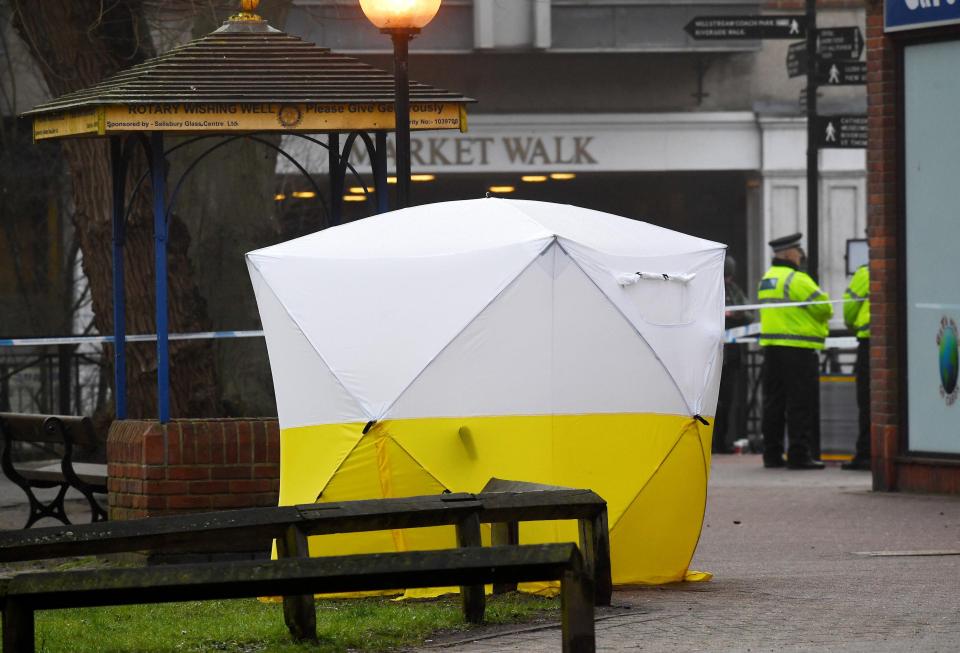  A forensics tent is pictured at the scene in Salisbury while authorities attempt to identify the substance involved in the incident