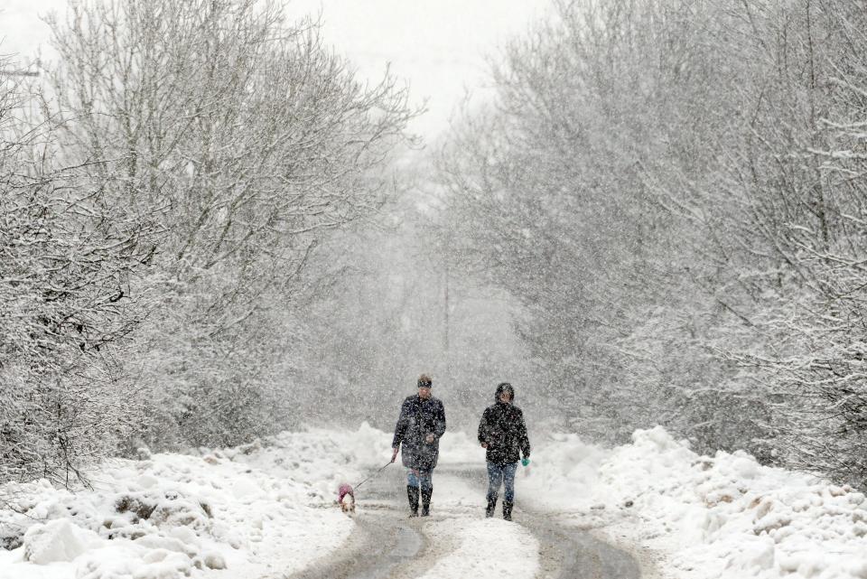  Dogwalkers determined not be disrupted by the heavy snowfall in Dunipace, Scotland