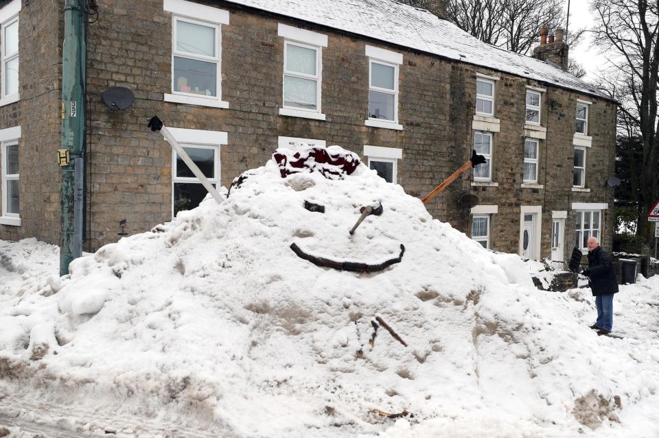  A giant snowman resembling Star Wars character Jabba the Hutt now greets locals at St Johns Chapple in Weardale in County Durham