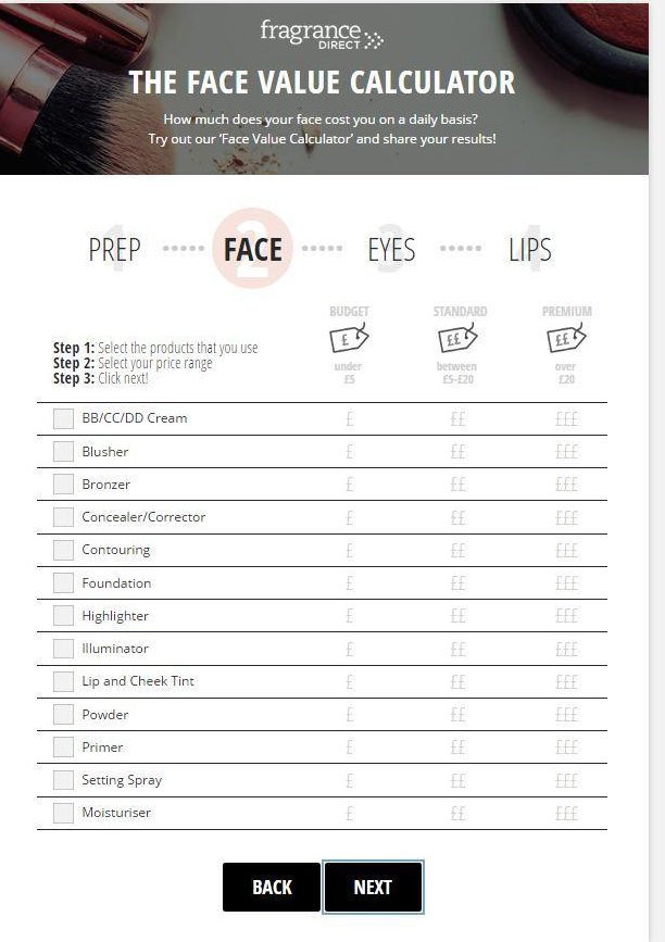 The calculator takes you step by step: asking you to select which products you use and at which price