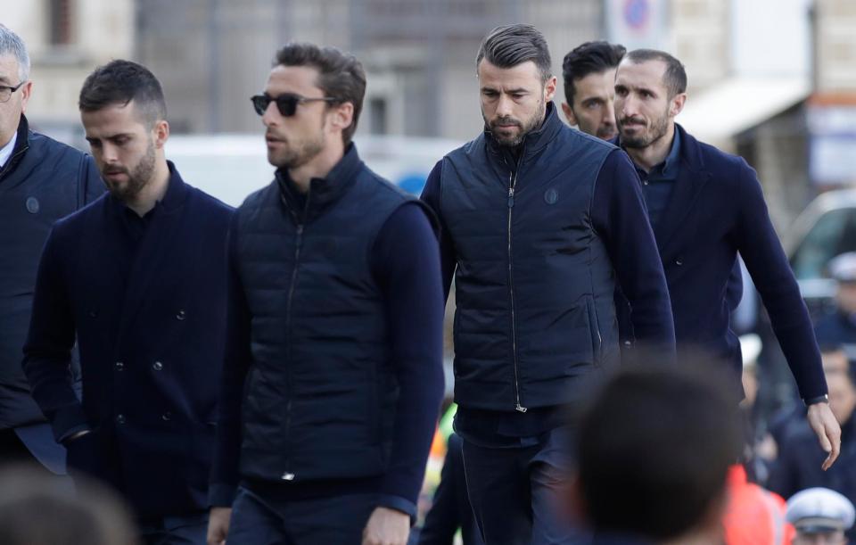 Juventus players including Giorgio Chiellini and Andrea Barzagli arrived for the funeral less than 12 hours after their Champions League win over Tottenham Hotspur