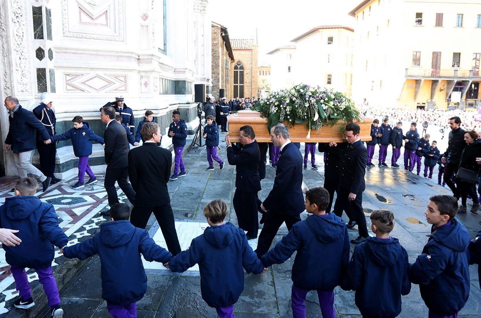 Youth team players and ballboys from Fiorentina held hands as Astori's coffin was taken into the Basilica