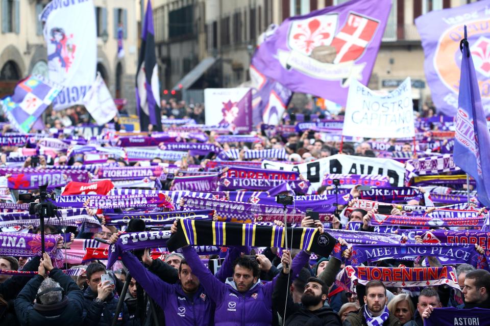 Thousands of fans displayed banners and scarves in the Viola colours of Fiorentina