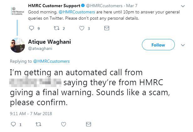 The automated message claim that the victim is under investigation from HMRC