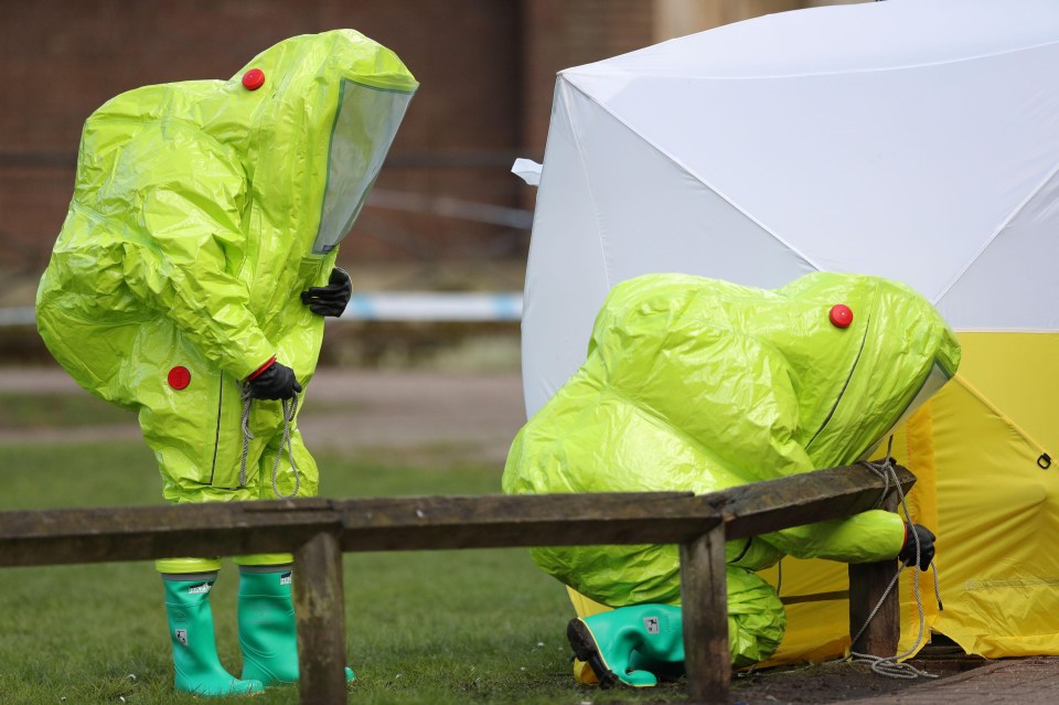 Investigators in hazard suits search near the park bench where the pair were found last month