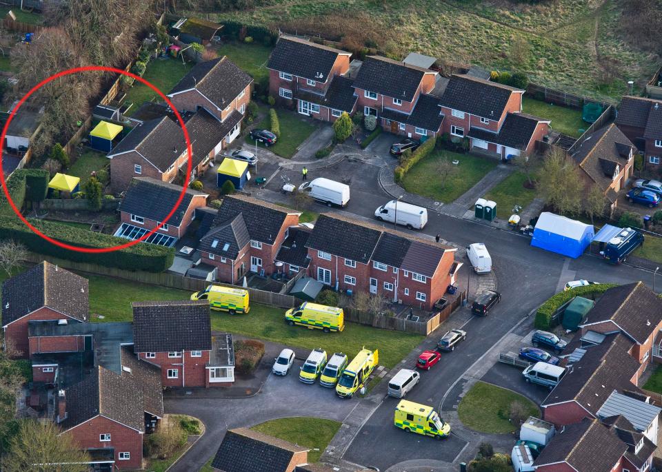 An aerial view shows forensic science experts, working alongside member of the Metropolitan Police Counter Terrorism team at the home of Sergei Skripal in Christie Mill Road, Salisbury 