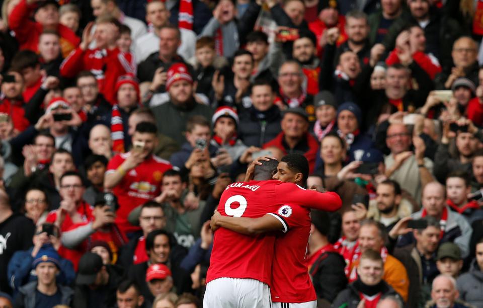  Marcus Rashford is congratulated by Romelu Lukaku, with Liverpool simply not been able to deal with the pair