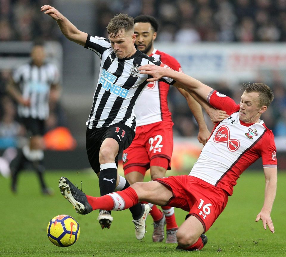 James Ward-Prowse tries to dispossess Newcastle star Matt Ritchie in the final game for Southampton boss Mauricio Pellegrini