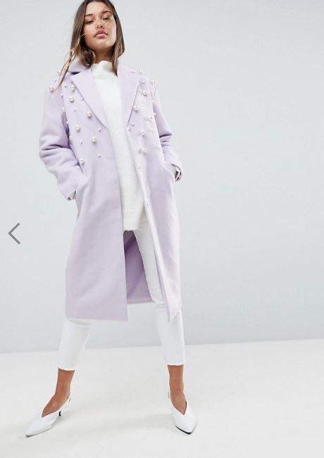  This stunning lilac coat with faux pearls is perfect to keep away the spring breeze