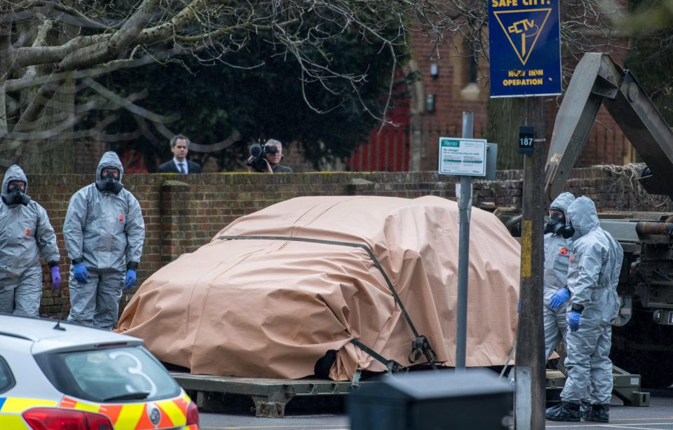  Military personnel wearing protective suits removed a car from the area where the pair were found