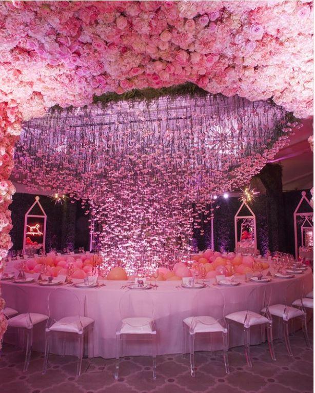  The elaborate shower featured thousands of pink flowers and balloons