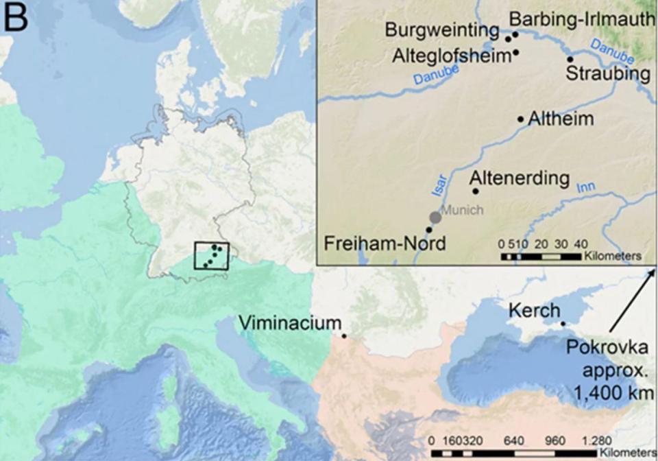  Map showing location of the Baiuvarii burial sites in medieval Bavaria, which is located on the former borders of the western (green) and eastern (light brown) Roman Empire