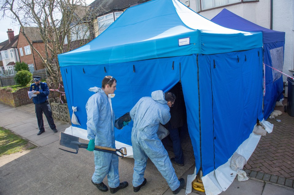 Forensic officers have been seen outside Glushkov’s house today clutching a shovel