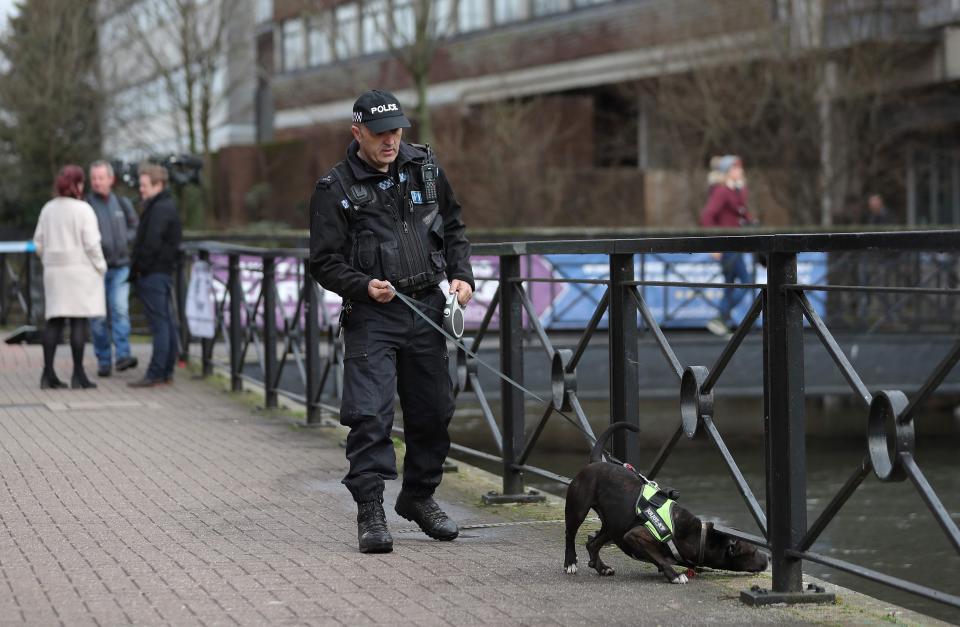  Police with sniffer dogs working in Salisbury today