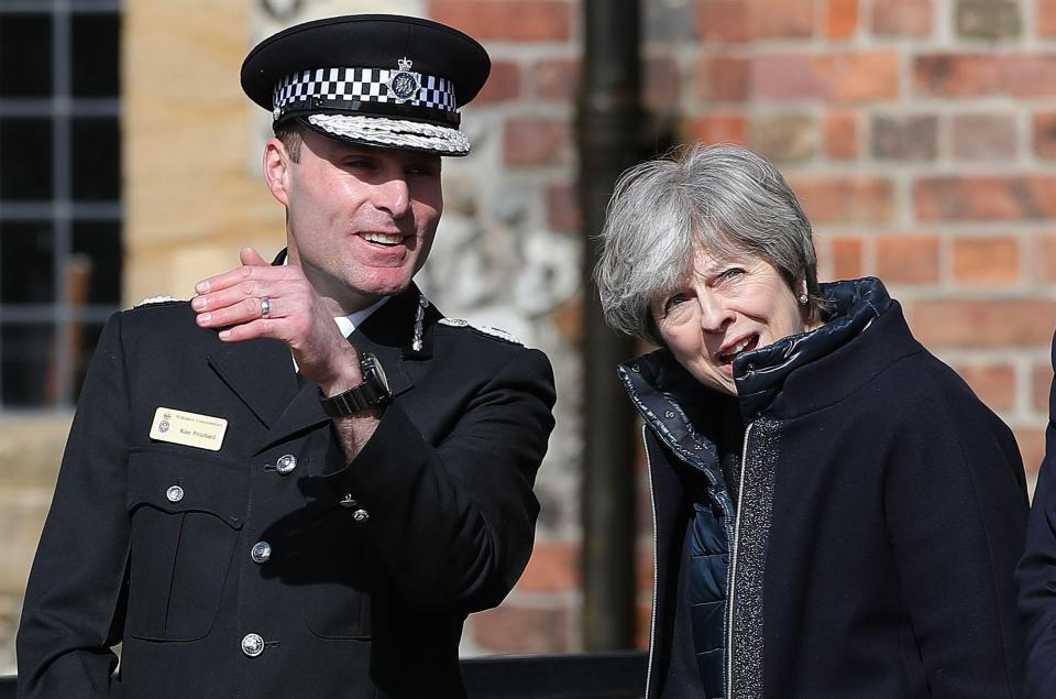  Theresa May visits the city where former Russian intelligence officer Sergei Skripal and his daughter Yulia were poisoned with a nerve agent, in Salisbury