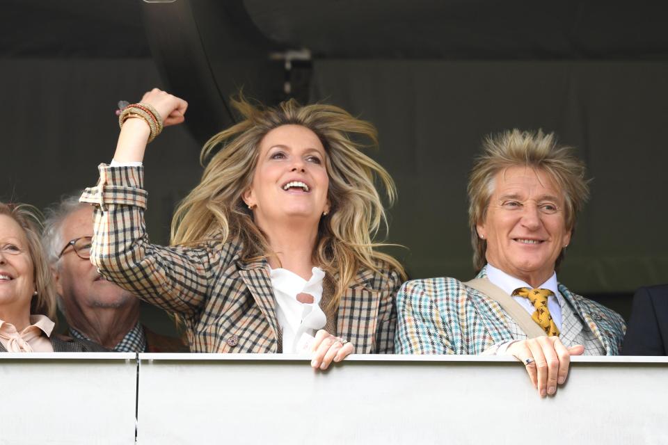  Penny Lancaster punches the air as proud hubby Rod Stewart is fixed on the race course at Cheltenham Festival