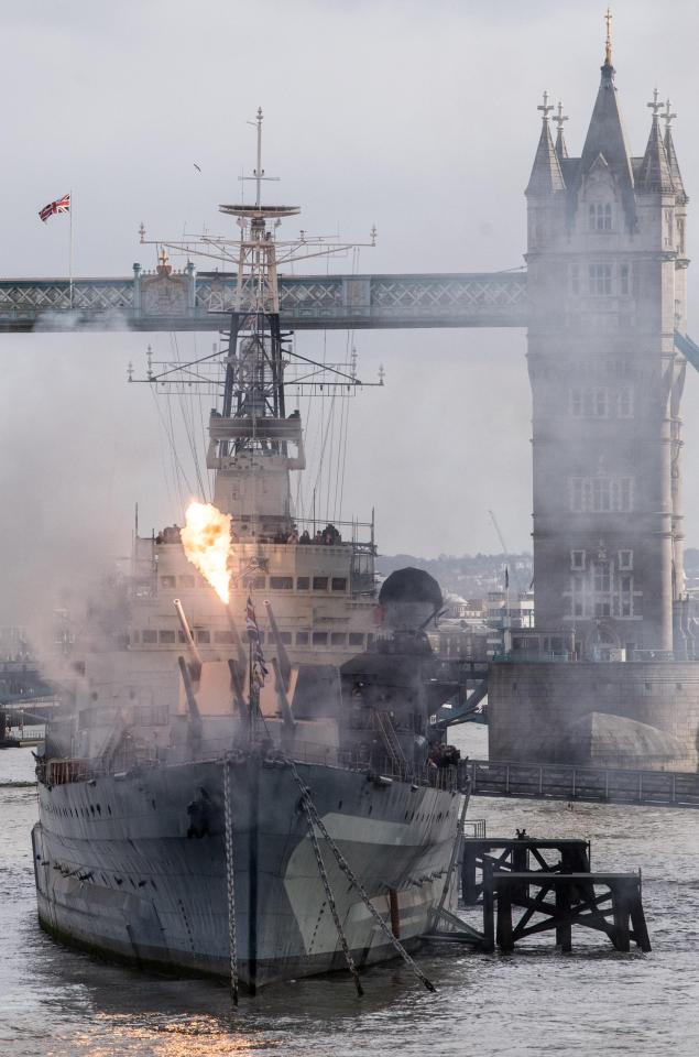  HMS Belfast firing its 6 Inch guns to commemorate 80 years since her launch