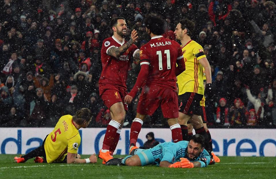  Mo Salah celebrates after scoring his FOURTH goal against Watford